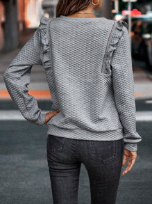 SHEIN LUNE Frill Trim V Neck Sweatshirt Pullover Fall Outfit - Grey - View 2