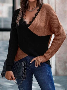 SHEIN Clasi Two Tone Eyelash Lace Trim Drop Shoulder Crossover Jumper - Multicolor - View 3