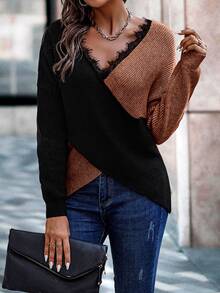 SHEIN Clasi Two Tone Eyelash Lace Trim Drop Shoulder Crossover Jumper - Multicolor - View 5