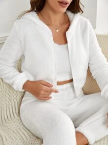 3pcs Zipper Hooded Flannel Lounge Set