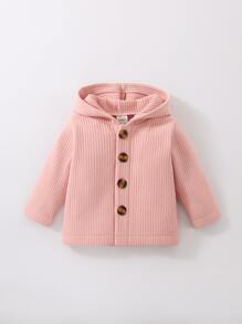 Niña recién nacida Abrigo con capucha tejido de canalé - Rosa Pálido - Ver 1