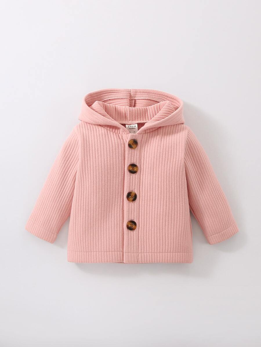 Niña recién nacida Abrigo con capucha tejido de canalé - Rosa Pálido - Ver 1