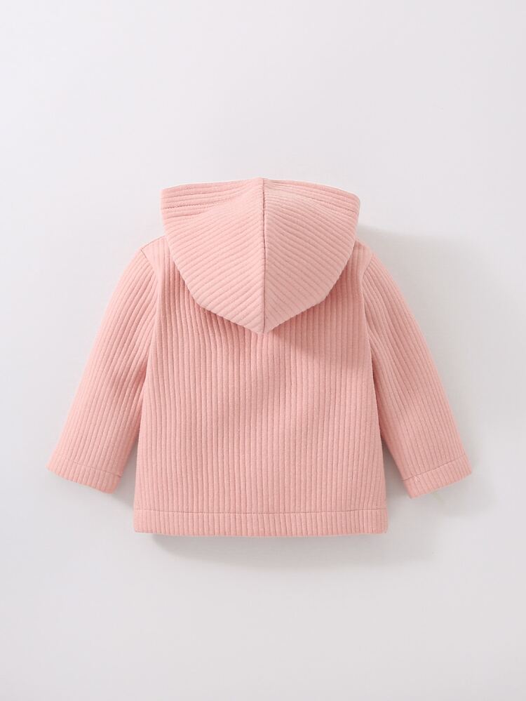 Niña recién nacida Abrigo con capucha tejido de canalé - Rosa Pálido - Añade 2