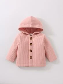 Niña recién nacida Abrigo con capucha tejido de canalé - Rosa Pálido - Ver 4