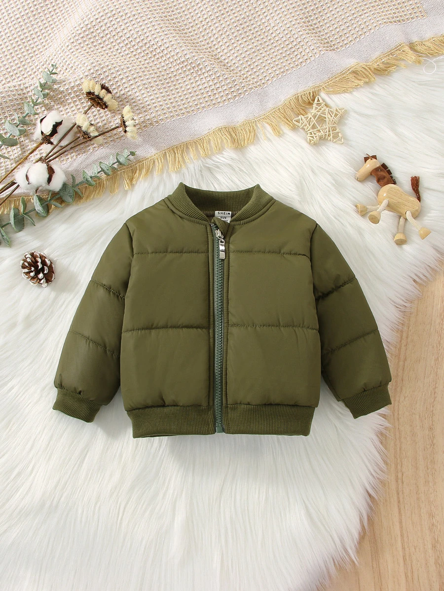 Baby Boy Solid Zip Up Bomber Jacket - Army Green - View 1