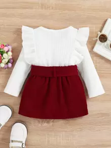 Souflis Souflis Baby Girl Ruffle Trim Tee & Corduroy Belted Skirt