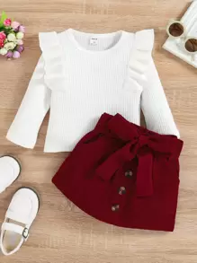 Souflis Souflis Baby Girl Ruffle Trim Tee & Corduroy Belted Skirt