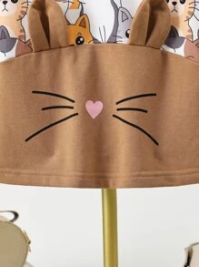 小女童卡通圖案3D耳朵設計連帽洋裝