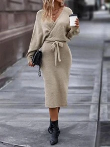 SHEIN Unity Dolman Sleeve Overlap Collar Slit Hem Belted Sweater Dress - Khaki - View 1