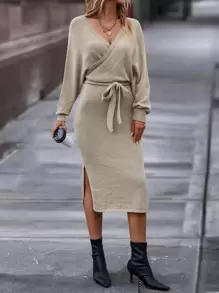 SHEIN Unity Dolman Sleeve Overlap Collar Slit Hem Belted Sweater Dress - Khaki - View 3