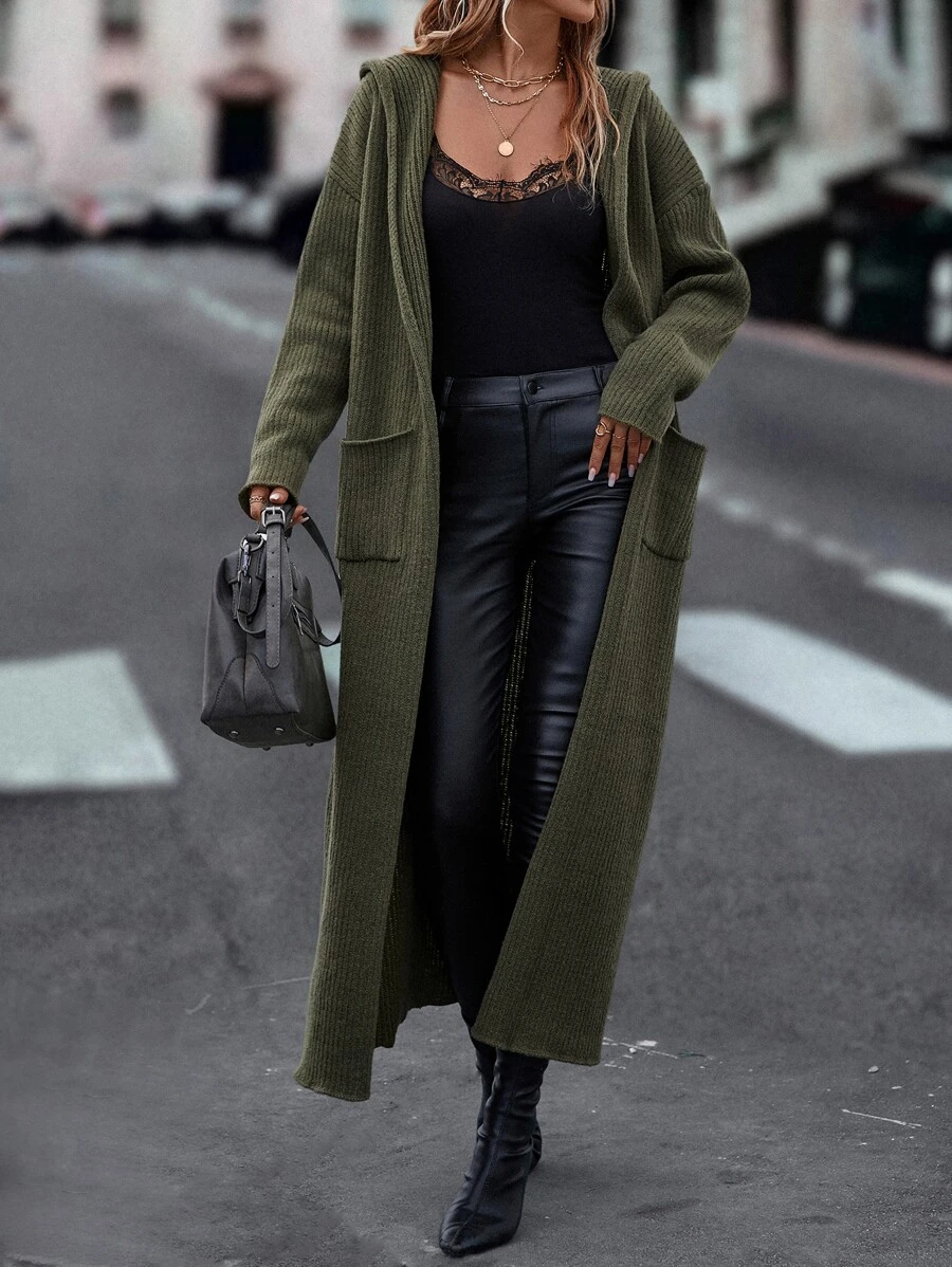 SHEIN LUNE Drop Shoulder Pocket Patched Hooded Duster Cardigan - Dark Green - View 1