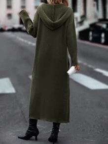 SHEIN LUNE Drop Shoulder Pocket Patched Hooded Duster Cardigan - Dark Green - View 2