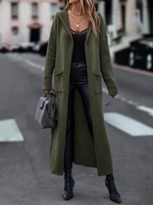 SHEIN LUNE Drop Shoulder Pocket Patched Hooded Duster Cardigan - Dark Green - View 5