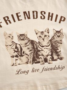 SHEIN MOD Letter & Cat Print Crop Tee - Beige - View 3