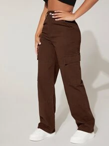 SHEIN PETITE High Waist Flap Pocket Cargo Jeans