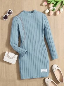 SHEIN Tween Girl Fashionable Solid Color Knitted Turtleneck Dress With Patch Detail - Dusty Blue - View 1