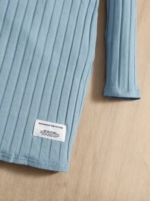 SHEIN Tween Girl Fashionable Solid Color Knitted Turtleneck Dress With Patch Detail - Dusty Blue - View 3