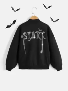 SHEIN Niñas Cazadora tipo bomber con diamante de imitación con letra con con patrón de Halloween de hombros caídos - Negro - Ver 1