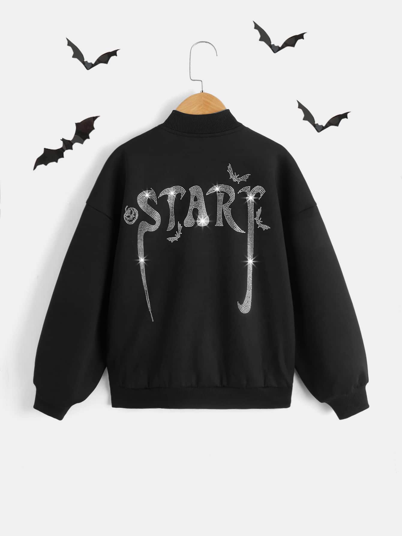 SHEIN Girls Rhinestone Letter and Halloween Pattern Drop Shoulder Bomber Jacket - Black - View 1