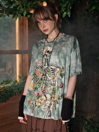 Fairycore Tie Dye Floral & Skeleton Print Drop Shoulder Tee
