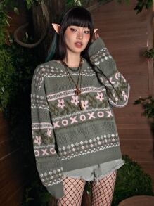 ROMWE Fairycore Floral & Geo Pattern Sweater - Multicolor - View 1