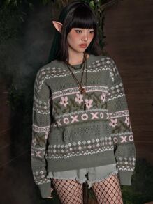 ROMWE Fairycore Floral & Geo Pattern Sweater - Multicolor - View 3