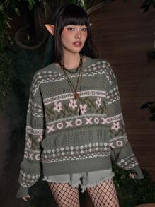 ROMWE Fairycore Floral & Geo Pattern Sweater - Multicolor - View 4