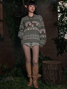 ROMWE Fairycore Floral & Geo Pattern Sweater - Multicolor - View 5