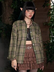 ROMWE Fairycore Plaid Print Drop Shoulder Shirt - Green - View 1