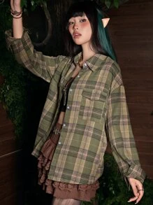 ROMWE Fairycore Plaid Print Drop Shoulder Shirt - Green - View 2