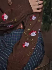 ROMWE Fairycore Mushroom Embroidery Cardigan - Brown - View 3