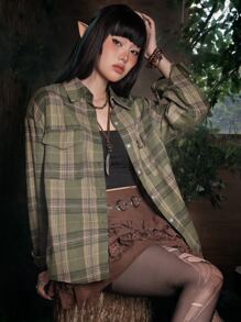 ROMWE Fairycore Plaid Print Drop Shoulder Shirt - Green - View 3
