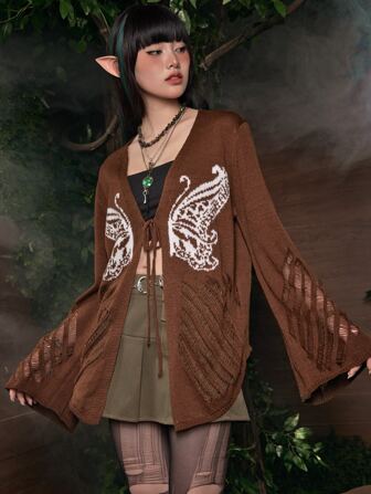 Fairycore Butterfly Pattern Tie Front Cardigan