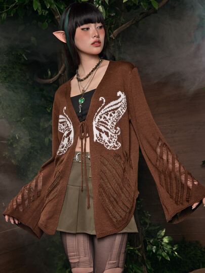 Fairycore Butterfly Pattern Tie Front Cardigan