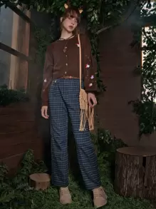 ROMWE Fairycore Mushroom Embroidery Cardigan - Brown - View 6