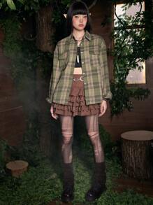 ROMWE Fairycore Plaid Print Drop Shoulder Shirt - Green - View 5