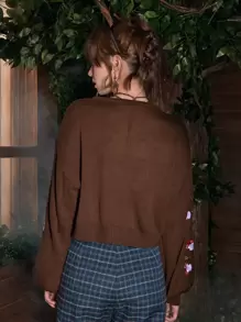 ROMWE Fairycore Mushroom Embroidery Cardigan - Brown - View 7
