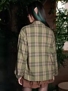 ROMWE Fairycore Plaid Print Drop Shoulder Shirt - Green - View 6