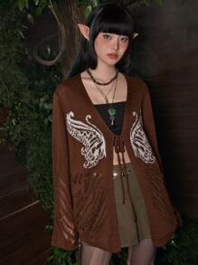 ROMWE Fairycore 蝴蝶樣式前繫帶開襟衫 - 棕色 - 查看 4