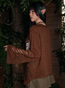 ROMWE Fairycore 蝴蝶樣式前繫帶開襟衫 - 棕色 - 查看 6