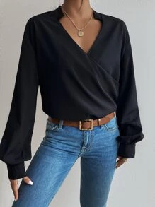 Chiquease Camisa unicolor de cuello cruzado - Negro - Ver 4