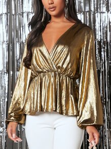 SHEIN BAE 燈籠袖交疊領金屬質感襯衫 - 金色 - 查看 1