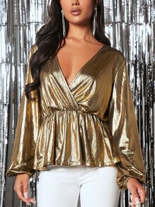 SHEIN BAE 燈籠袖交疊領金屬質感襯衫 - 金色 - 查看 3