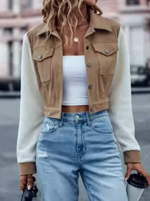 SHEIN LUNE Colour Block Flap Pocket Corduroy Jacket