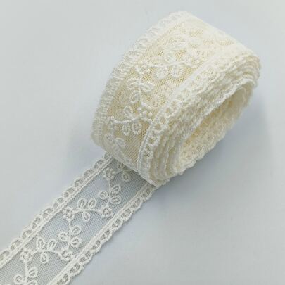 1roll DIY Webbing Lace, Beige Embroidered Polyester Lace Strip, For DIY Crafting, Garment Decoration, Clothes Accessory