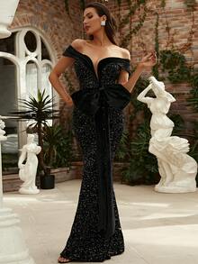 Missord 一字肩腰帶亮片舞會洋裝 - 黑色 - 查看 5