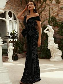 Missord 一字肩腰帶亮片舞會洋裝 - 黑色 - 查看 8