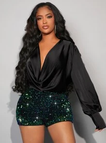 SHEIN SXY High Waist Sequin Shorts - Dark Green - View 4