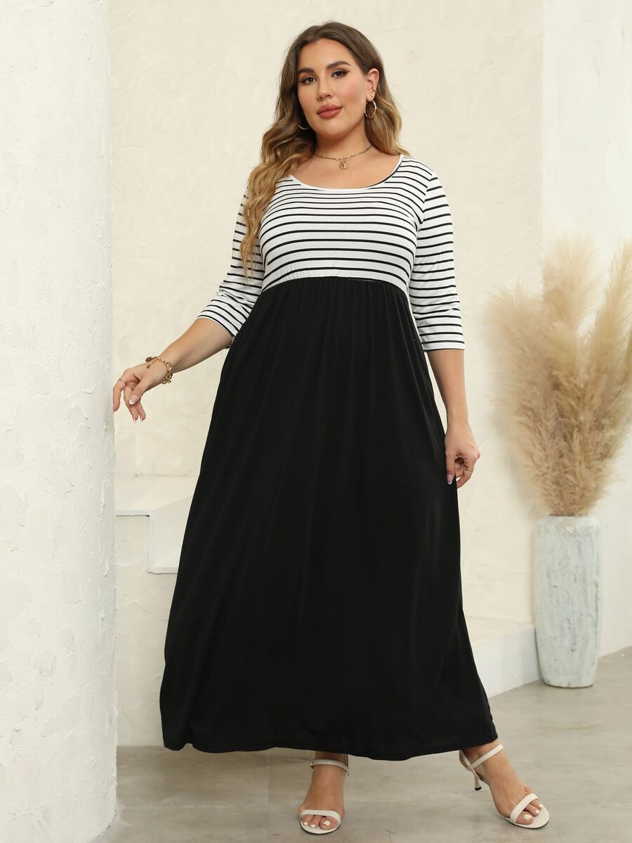 Đầm Plus Size Khối Màu Sọc Giải trí - màu đen - Xem 1