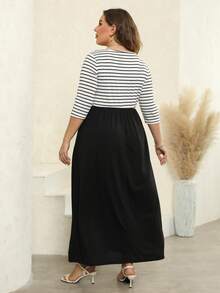 Đầm Plus Size Khối Màu Sọc Giải trí - màu đen - Xem 2